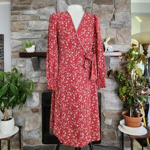 Max Studio Knee Length Dark Red Floral Wrap Dress NWT Women's Size L